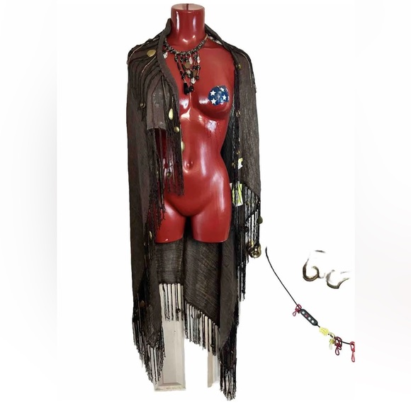 NWT ECHO 100% LINEN DARK BROWN FRINGE METAL BOHO SCARF - SQUARE - 43"X43" NEW - Picture 6 of 12